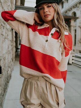 bohme Red and Cream Striped Pullover Sweater